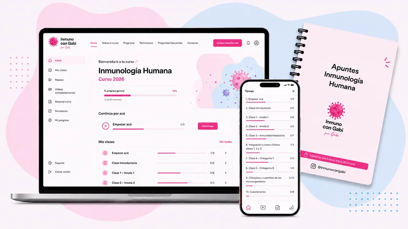 La plataforma de Inmuno con Gabi en una notebook y un celular, junto a los apuntes de Inmunología Humana